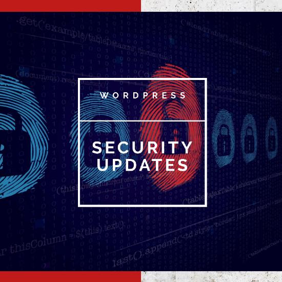 Graphic about WordPress security Updates, it reads: WORDPRESS (above) SECURITY UPDATES (below) in white letters with fingerprints and locks symbolizing security and protection as relevant to security and maintenance of a WordPress website.