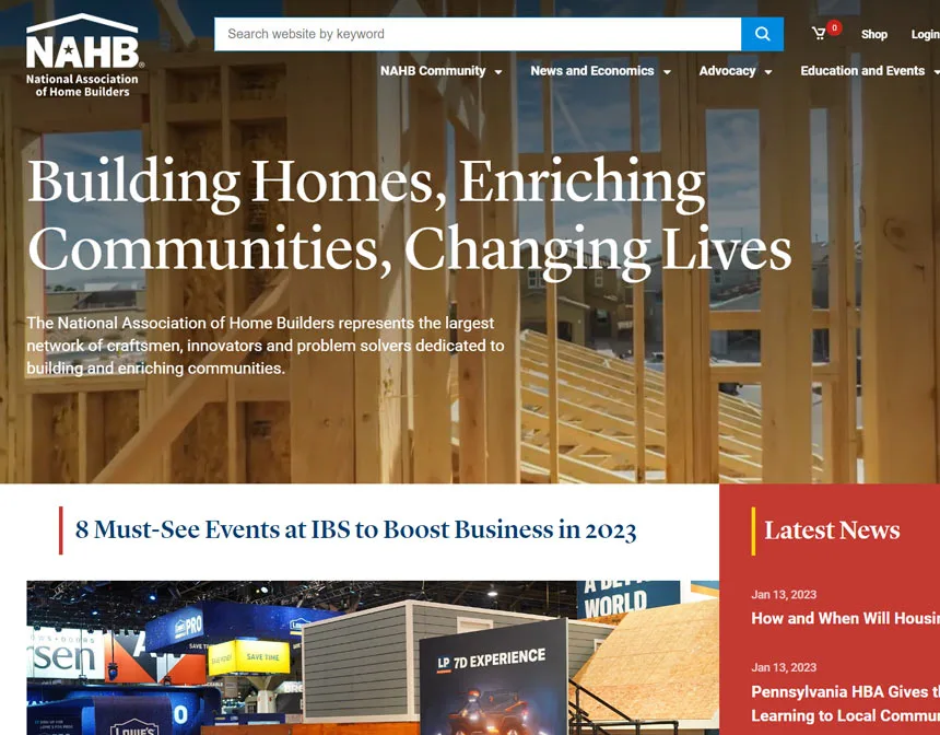 Screen shot of the National Association of Home Builders website, showing upcoming events featured boldly