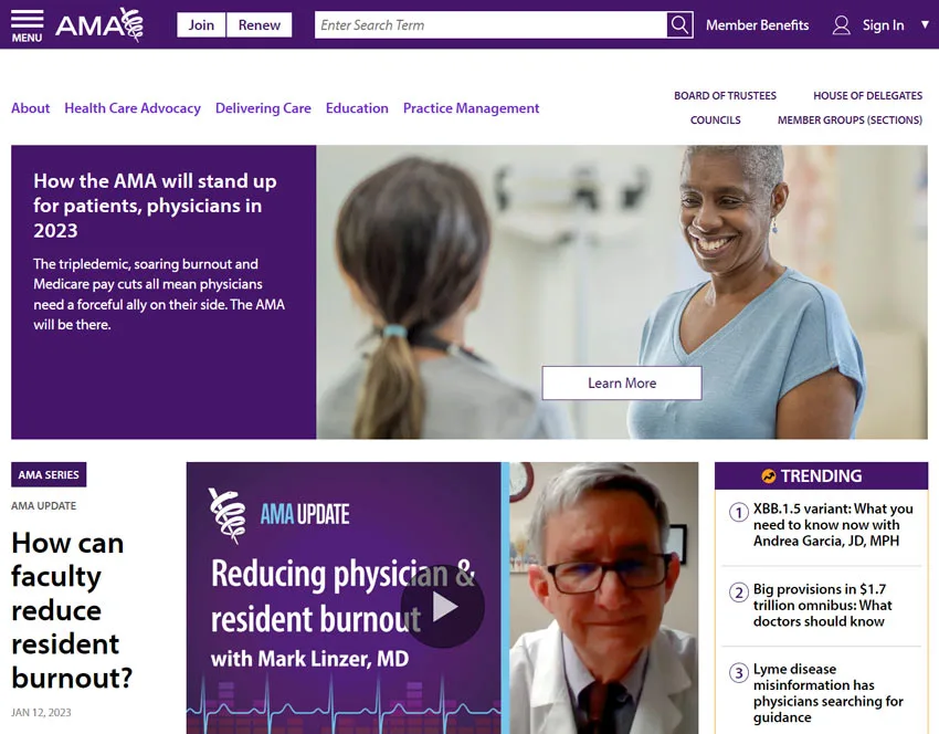 Screen shot of the American Medical Association (AMA) website - if features a beautiful design that is easy to use. 