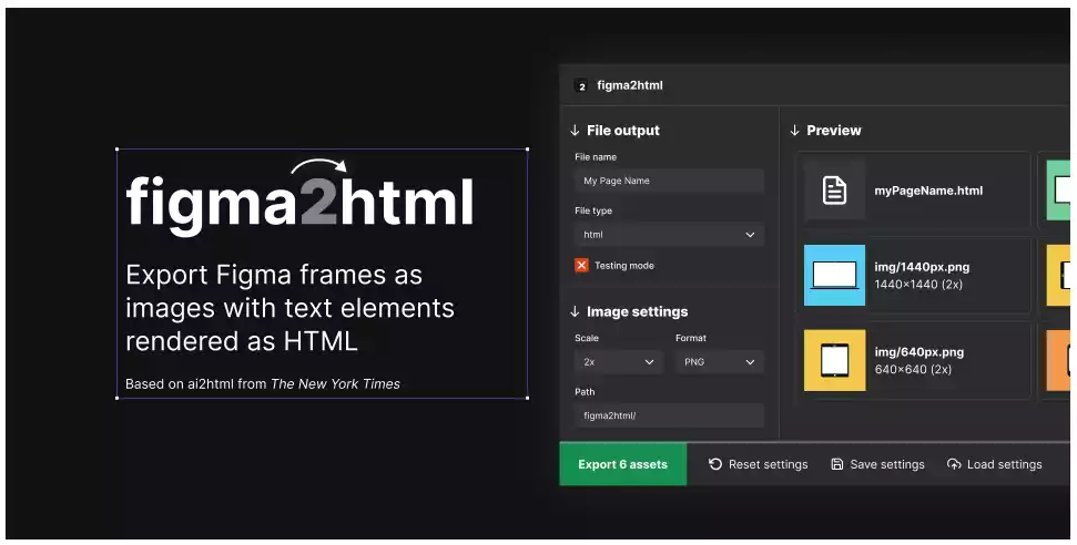 figma2html graphic, shows a preview of the figma2html plugin export interface with the word: "figma2html - Export Figma frames as images with text elements rendered at HTML, based on ai2html developed at The New York Times