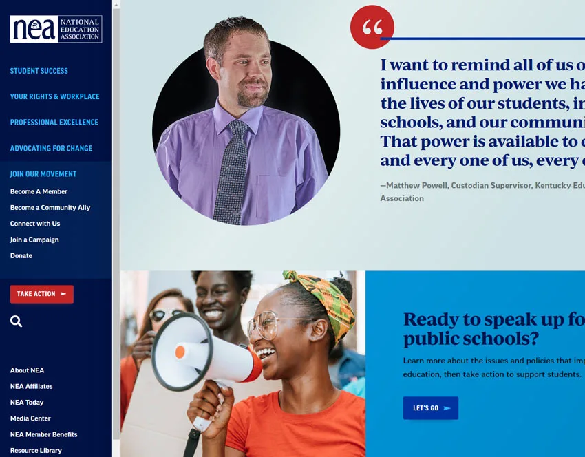 Screenshot of the National Education Association website's design in January 2023