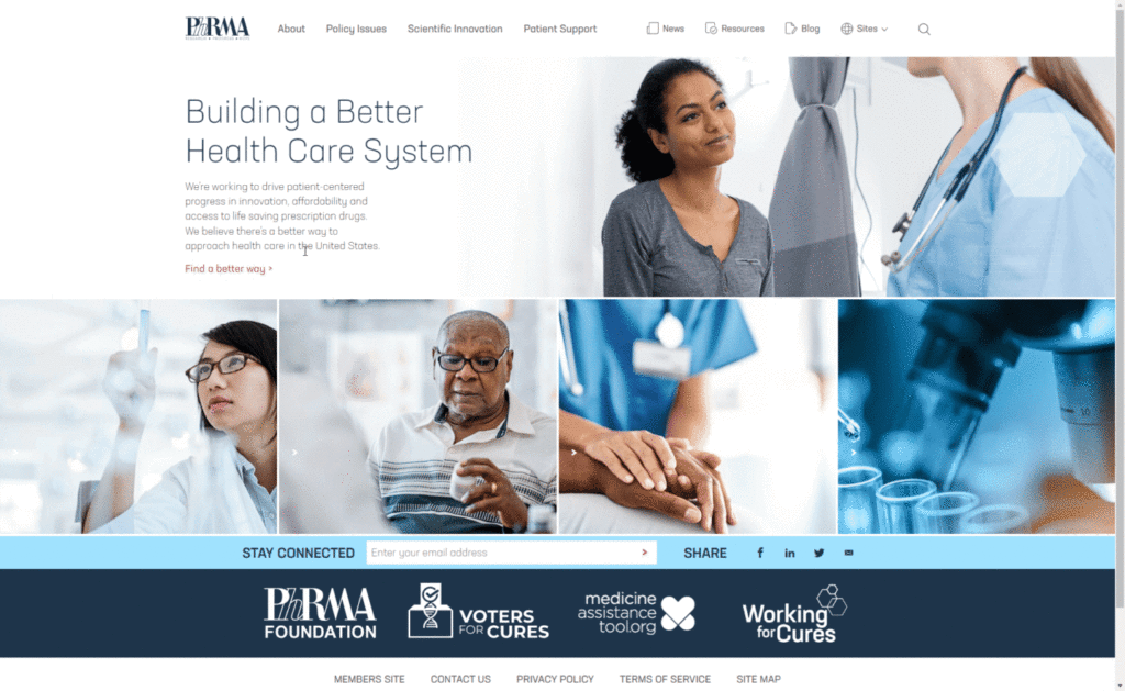 Screen shot of the Pharmaceutical Research and Manufacturers of America association website design in February 2023.