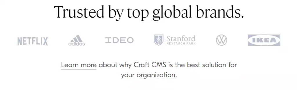 CraftCMS development client logos - Netflix, Adidas, IDEO, Stanford, VW, IKEA - learn more about why Craft CMS is such a good alternative to Drupal for your organization.